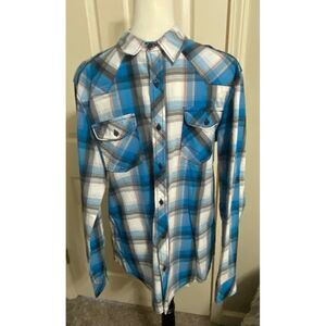 Rerun Men's Blue Plaid Long Sleeve Button-Up Shirt Casual Western‎ Style
